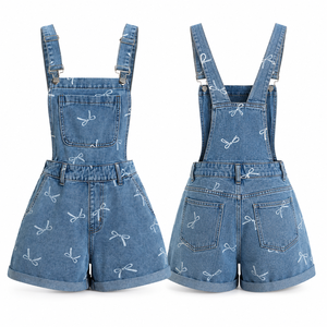 Salopette courte en jean taille haute pour femme, imprimé nœud, décontractée, d'été, en coton tissé respirant, coupe ample - Product Image 1