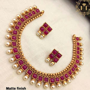 Ensemble de collier ras du cou en pierre de Pota rose plaqué or bijoux fins SFNECK162 - Product Image 1