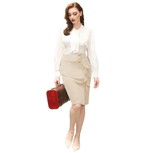 Faldas midi de oficina ajustadas con volantes y abertura frontal de cintura alta estilo vintage para mujer al por mayor - Product Image 2