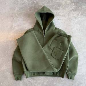 Conjunto Deportivo Personalizado 100% Algodón Ligero con Lavado Ácido en Verde Oliva para Hombre, Sudadera con Capucha y Cremallera Oversize, Pantalones Deportivos Holgados de Felpa - Product Image 1