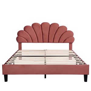 Letto matrimoniale imbottito con piattaforma e testiera in velluto rosso fagiolo con motivo floreale - Product Image 4