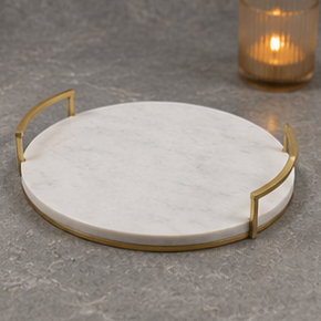 Round Marble <b>Storage</b> Tray With Brass Handles Minimalist Design Indoor <b>Tabletop</b> Decor Living Room Accessory - Product Image 2