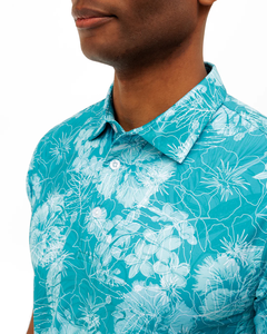 Polo de Manga Corta con Estampado Floral Turquesa para Hombre, Casual, Transpirable, Tejido, Corte Regular, Cierre de Botones - Product Image 3