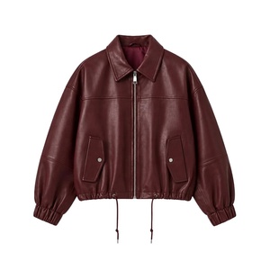 Chaqueta de cuero color burdeos para mujer, con cuello con muescas, cierre de cremallera, mangas abullonadas, dobladillo con cordón ajustable, estilo biker corto. - Product Image 5