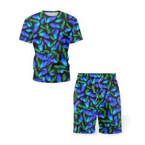 Men's Blue Green <b>Butterfly</b> Print T-Shirt and Shorts Set Crew Neck Casual Summer Wear Breathable Polyester Spandex Knitted - Product Image 1