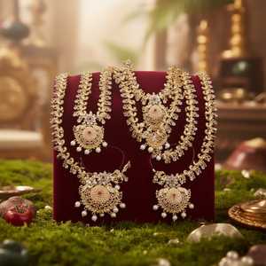 South Indian Bridal Fine Jewelry Combo Set-Gold Plated Zircon & Pearl Designer Necklace and Earring Set for Wedding - Product Image 1