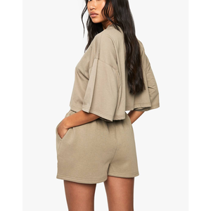 Clothing Manufacturer 2026 Women <b>Set</b> Two Piece Summer Wear Drop Shoulder T Shirt& Shorts 100% Polyester Embossed Logo - Product Image 6