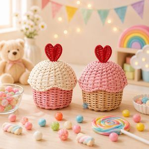 Eco Friendly Natural Handmade Rattan Cupcake Candy Box With Heart Top For Ramadan <b>Eid</b> Kids <b>Gift</b> Basket Wholesale Supplier - Product Image 1