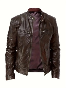 Chaqueta de Motociclista de Cuero Genuino para Hombre, Color Marrón, Cuello Alto, Cierre de Cremallera, Corte Ajustado, Estilo Biker, para Otoño - Product Image 1