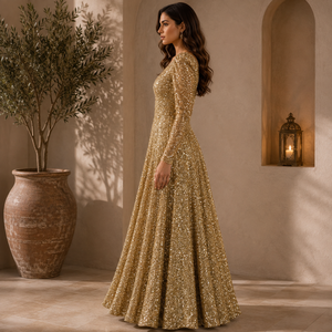 Womens Gold <b>Sequin</b> Ball Gown V Neck Long Sleeve Puff Shoulder Sparkly Formal Evening Wedding Prom Party Princess Floor Length - Product Image 4