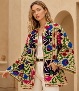 Suzani Textile Outerwear Autumn/Spring/Summer Wearable Art Vintage Style Suzani <b>Jacket</b> <b>Quilted</b> Reversible Floral <b>Pattern</b> - Product Image 1