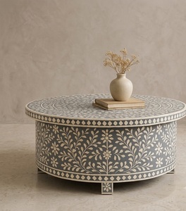 Table basse en bois artisanale de luxe avec incrustation en os, design géométrique floral pour salon de villa moderne - Product Image 3