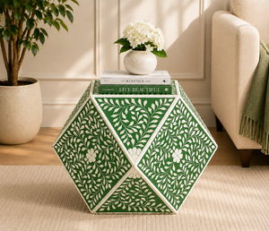 Table basse hexagonale moderne en résine avec incrustations d'os, table d'appoint géométrique, table de chevet florale avec incrustations d'os pour chambre et salon - Product Image 4