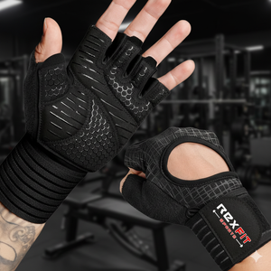 REXFIT Half <b>Finger</b> Gym Gloves PU Leather Breathable Mesh Adjustable Hook Loop Wrist <b>Strap</b> Unisex for Weight Lifting Fitness - Product Image 1