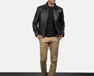 Veste en cuir noire pour homme, style moto, avec fermeture éclair, col rabattable, coupe classique, style automne - Product Image 3