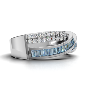 18K Gold <b>Blue</b> Baguette Cut Statement <b>Ring</b> with Double Row Round Pave Stones Luxury Fashion <b>Ring</b> - Product Image 2