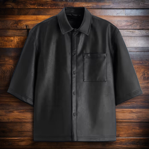 Vêtements décontractés Chemises en cuir PU grande taille de haute qualité à manches courtes et col montant respirantes avec bouton et logo personnalisé pour hommes - Product Image 4