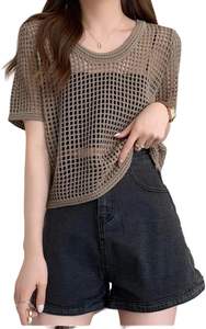 Camiseta casual de punto para mujer, cuello redondo, manga corta, top de verano para streetwear, alta calidad, anti-pilling, diseño de logotipo personalizable - Product Image 2