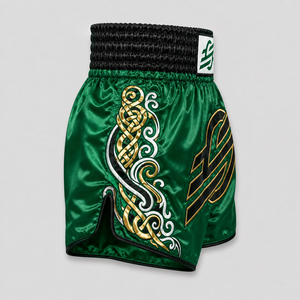 Pantalones Cortos de Boxeo Verdes con Bordado Celta Dorado en el Logotipo Frontal, Diseño Unisex, Corte Regular, Ligeros, de Secado Rápido, 160g, Ropa Deportiva de Combate - Product Image 1