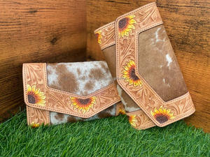 Hot Selling Handmade Tooled Carving Cowhide Fur Leather Wallet Snap Button <b>Phone</b> Case Clutch <b>For</b> Women Daily Use <b>Office</b> Shopping - Product Image 2