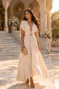 Vestido largo bohemio de algodón y lino sin espalda con cuello en V y aberturas, elegante, casual, para playa, con lazo trasero, para mujer, venta al por mayor - Product Image 4