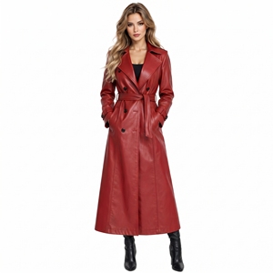 Abrigo largo de cuero para mujer, estilo gabardina, doble botonadura, con cinturón, a prueba de viento, con cuello vuelto - Product Image 2