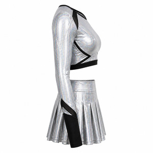 Wholesale Metallic <b>Holographic</b> Cheerleader Uniform Women Sparkle Long Sleeve Cheer Dance Crop <b>Top</b> Pleated Skirt Set - Product Image 3