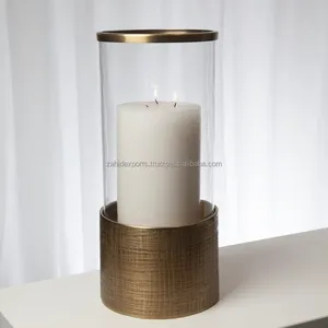 Round <b>Hurricane</b> Candleholder With Gold Base And Clear Glass Cylinder For Home Decoration - Product Image 3
