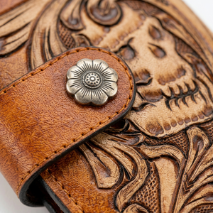 Nouvelle Pochette Portefeuille Vintage en Cuir Véritable 100% avec Motif Crâne et Fleur Gaufré, Fermeture à Boucle, pour Femme, Usage Quotidien - Product Image 4