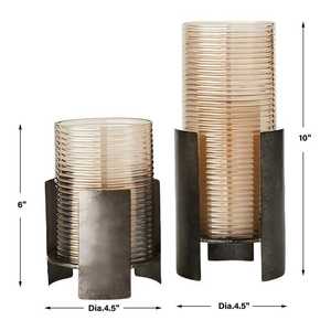 Modern Ribbed <b>Glass</b> <b>Hurricane</b> Set With Bronze Metal Base Elegant Industrial Design For Home Decor & Events Premium Quality - Product Image 3