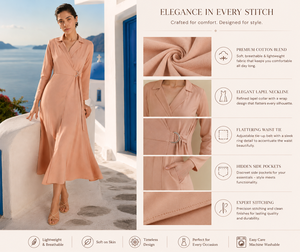 Robe midi ample décontractée pour femme, couleur unie, manches longues, avec ceinture et col rabattu, en tissu tissé respirant - Product Image 3