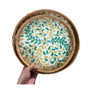 Vietnam Handmade Round Rattan <b>Tray</b> with Green Mother of Pearl Inlay for Home Decoration, <b>Serving</b> Accessories and Retail Supply - Product Image 2