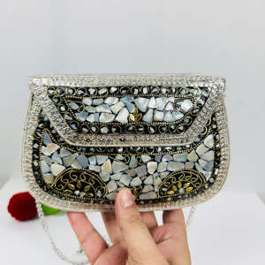 Modern Polished Luxury Antique Style Mother of Pearl Sling Clutch Evening Purse Metal <b>Handbag</b> for Bridal Wedding Party - Product Image 3