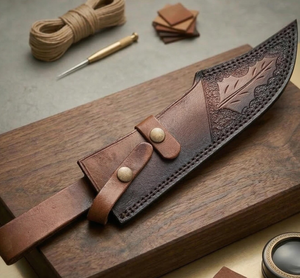 Couteau de survie à lame fixe en acier Damas fait main, manche en bois, étui en cuir, qualité industrielle OEM, personnalisable, objet de collection, pour présentation - Product Image 3