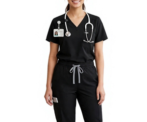 Ensemble de tenues médicales unisexe personnalisées en coton et polyester tricoté, uniforme médical, vêtements de travail pour le secteur de la santé, haut imprimé à col en V et pantalon jogger - Product Image 5
