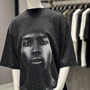 250G T-shirt lourd strass diamant été hommes couleur Pure T-shirt à manches courtes 100% coton T-shirt pour hommes coupe ample - Product Image 2