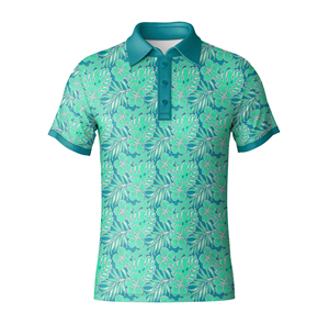 เสื้อโปโลแขนสั้นลายดอกไม้สีน้ำเงินสำหรับผู้ชาย ผ้าโพลีเอสเตอร์ทอเนื้อระบายอากาศ สวมใส่สบาย - Product Image 3