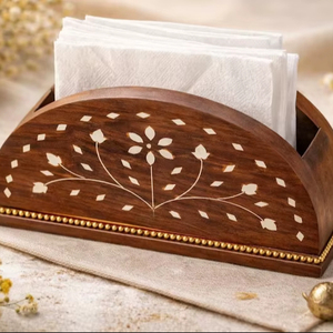 Handcrafted Wooden Napkin <b>Holder</b> Floral Inlay Pattern Decorative <b>Tissue</b> Organizer Tabletop Dining <b>Kitchen</b> Display Stand - Product Image 1