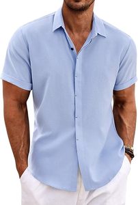 Chemises en lin pour hommes en gros, ODM, avec logo personnalisé, manches courtes, décontractées, boutonnées, à patte de boutonnage recouverte, légères, en coton et lin, pour l'été - Product Image 2