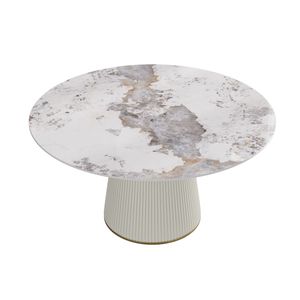 Moderno bianco pietra artificiale Beige compensato PU Base tavolo da pranzo per 8 persone esclusive di sedie - Product Image 4