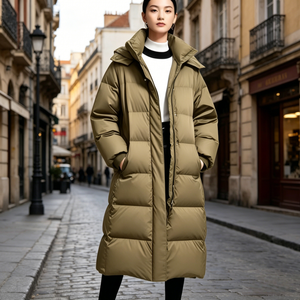 Long Quilted <b>Winter</b> Jacket With Hood Full Sleeves Zipper Closure Solid Color Polyester Shell <b>Thick</b> Warm <b>Coat</b> - Product Image 5