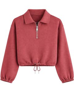 เสื้อฮู้ดครอปซิป ¼ ตัวสำหรับผู้หญิง สีแดง ผ้าฟลีซ ปรับชายเสื้อได้ สไตล์ลำลอง สตรีทแวร์ อุ่นสบาย แฟชั่นฤดูหนาว - Product Image 1