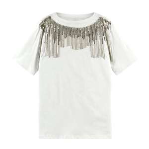 T-shirt unisexe à franges et strass 2026 blanc pur coupe classique, haut streetwear en cristal argenté scintillant HD - Product Image 6