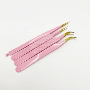 Pince à épiler d'extension de cils en acier inoxydable massif à poignée diamantée, pointe pointue dorée, extension de cils à courbe d'isolation rose - Product Image 5