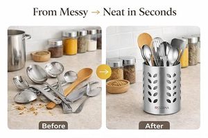 Stainless Steel Cylindrical Utensil Holder <b>Set</b> with Leaf Pattern for Kitchen Storage and Organization - Product Image 2