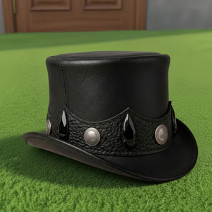 Premium quality custom made Handmade Black Leather Top <b>Hat</b> Gothic Steampunk Teardrop <b>Band</b> Festival Statement Style - Product Image 2