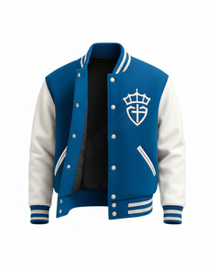 Veste universitaire élégante bleue et blanche avec emblème couronne sur le devant – Veste Letterman personnalisée pour homme et femme, imperméable, respirante, à capuche - Product Image 2