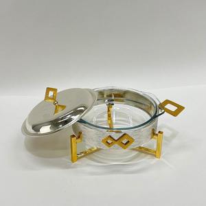 Luxury Arabic Oval Glass Chafing Dish Stainless Steel Silver Gold Stand Handle Top Knob Ramadan <b>Buffet</b> <b>Server</b> Single Unit - Product Image 3