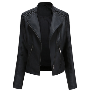 Veste de moto en cuir PU noir pour homme, col montant, fermeture éclair, style motard, avec lacets aux épaules - Product Image 1