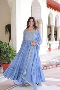 Pastel Embroidery Anarkali Suit For Women Long <b>Flared</b> Ethnic Dress With Dupatta Festive Occasion Collection - Product Image 4